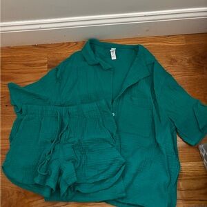 Stars Above Teal Button-Down Shirt and Shorts Set